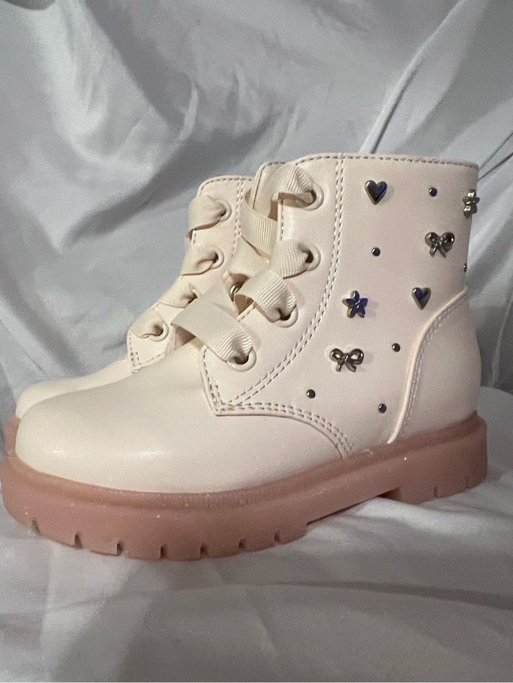 Cat & Jack Cream and Pink Lace-Up Kids Ankle Boots with Heart & Bow Studs